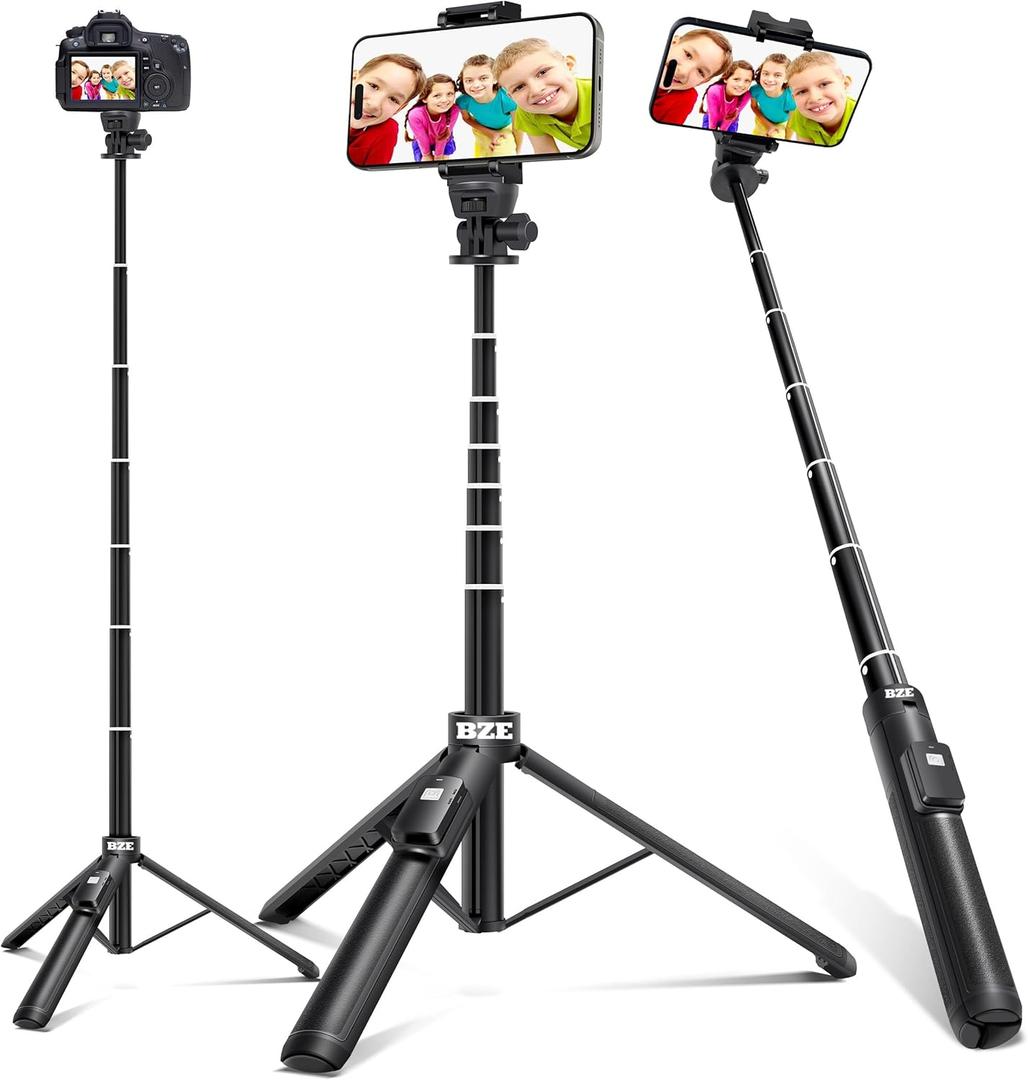 BZE 62 inches Extendable Selfie Stick Tripod with Wireless Remote & Phone Holder, Portable Aluminum Alloy 3 in 1 Stand for Group Photos, Vlogging & Travel Compatible with All Smartphones