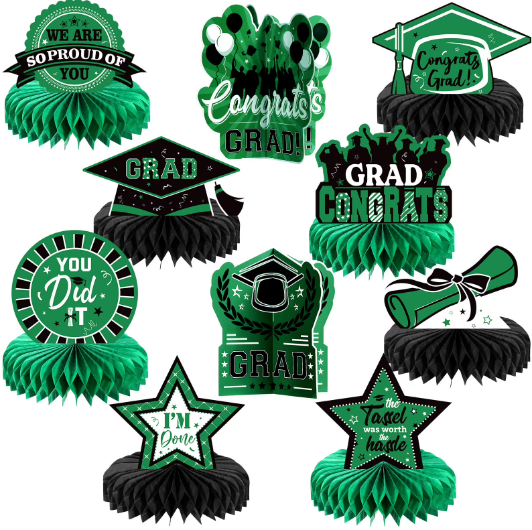 Yisong 10 Pcs Graduation Party Decorations Class of 2025 Congrats Grad Honeycomb Centerpieces Congratulate Graduation Table Toppers for Party Supplies (Green, Black)