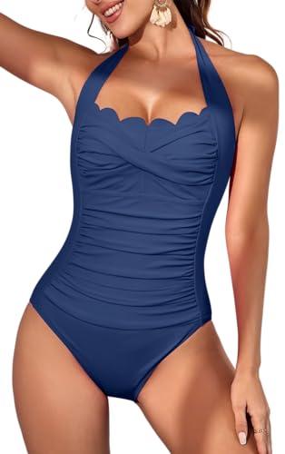 Eomenie Women One Piece Tummy Control Swimsuit Halter Scallop Trim Bathing Suits 1 Piece Vintage Ruched Slimming Swimwear Blue L