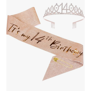 14th girls Birthday Sash and Tiara Set Rose Gold Birthday Sash Crown Birthday Party Favors Supplies for girls Birthday Party