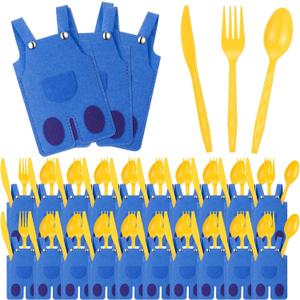 30 Sets Yellow Jeans Cartoon Themed Birthday Silverware Disposable Knife Fork Spoon with Blue Jeans Cutlery Bags for Birthday Party Favors Guests Table Decorations