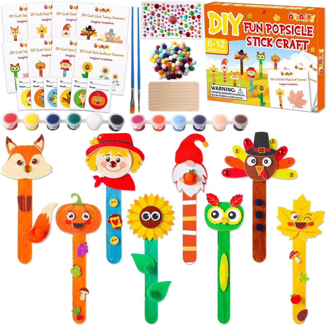 Qyeahkj 24 Sets Thanksgiving Craft Kits for Kids Fall Theme Bookmark Crafts with Popsicle Stick Turkey Maple Leaf Pumpkin Scarecrow Arts for Home Classroom Decors Activities Games