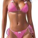SHEKINI Women's Sexy Two Piece Swimsuits Gingham Print Bow Front Bikini Halter Tie Swimwear Triangle Bikini Set (Medium, Pink Plaid)
