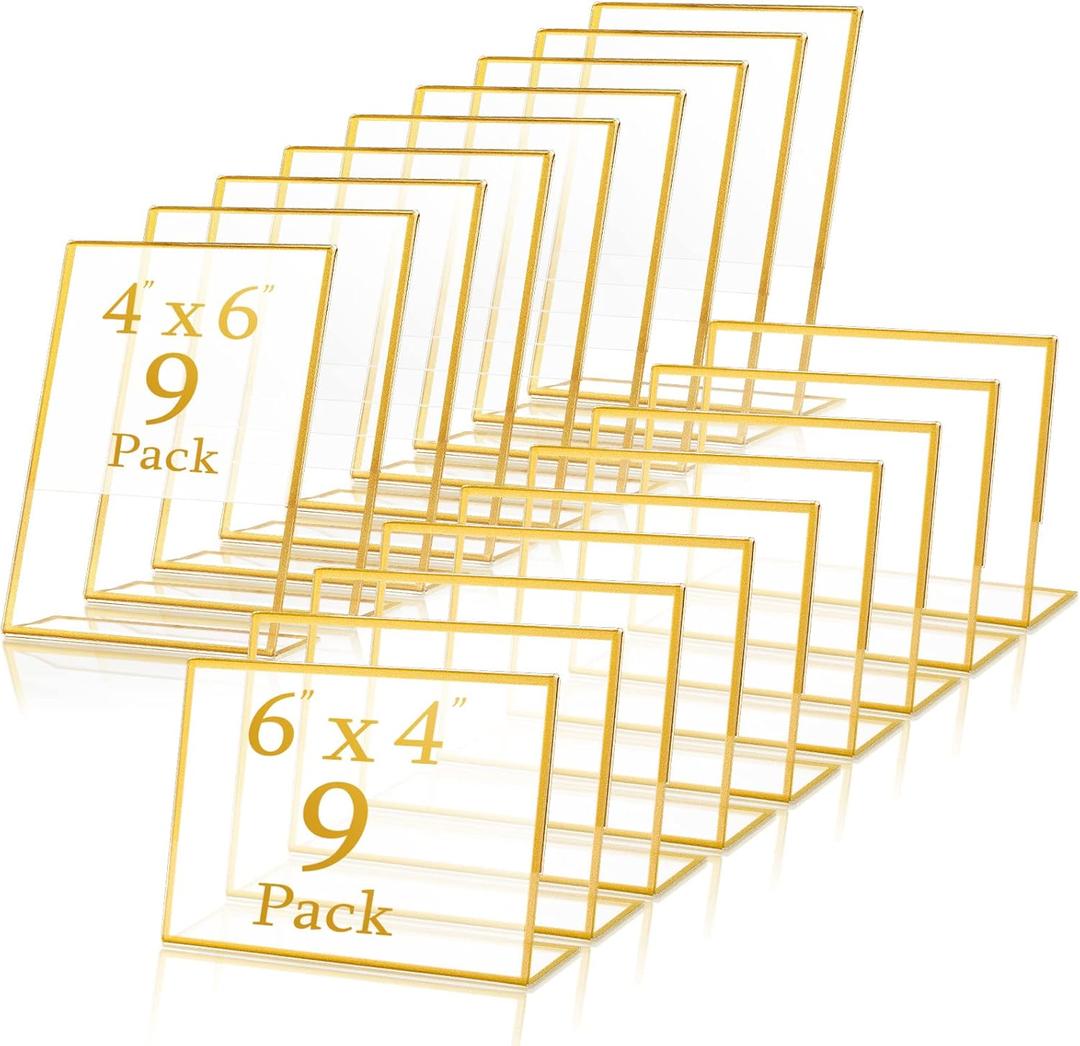 18 Pack Gold Frame Acrylic Sign Holder Wedding Table Number Slanted Clear Menu Holder Picture Document Brochure Double Sided Stands Photo Office Display(Vertical and Horizontal,6 x 4 In)