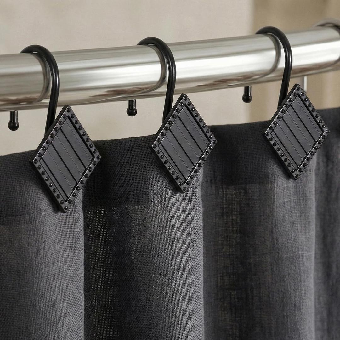 Black Decorative Shower Curtain Hooks: 12 Pcs Rust Proof Metal Geometric Diamond Decorative Curtain Rings - Modern Farmhouse Designer Shower Hangers for Bathroom - Set of 12