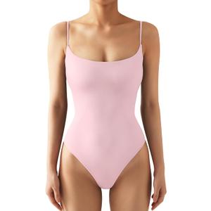 SUUKSESS Women Sexy Square Neck Thong Bodysuit Backless Cami Bodysuit Top (Medium, Baby Powder)