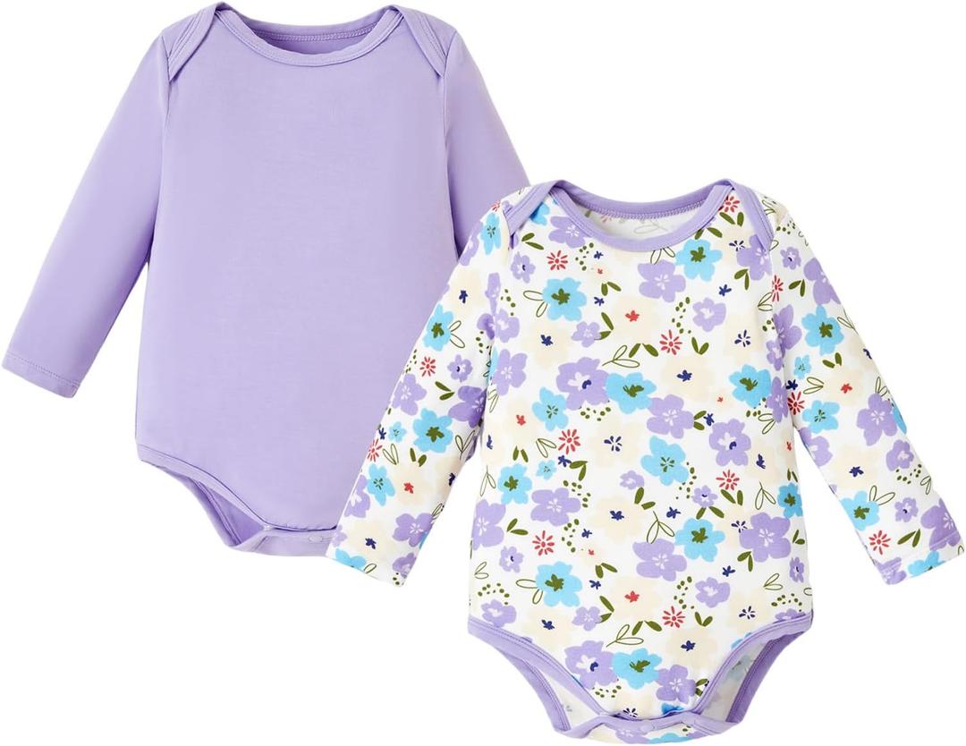 PATPAT Baby Bodysuits - Soft Viscose Made from Bamboo - Long Sleeve Funny for Boys and Girls -Newborn Infant Toddler Clothes (6-9 Months, Purple Flower)
