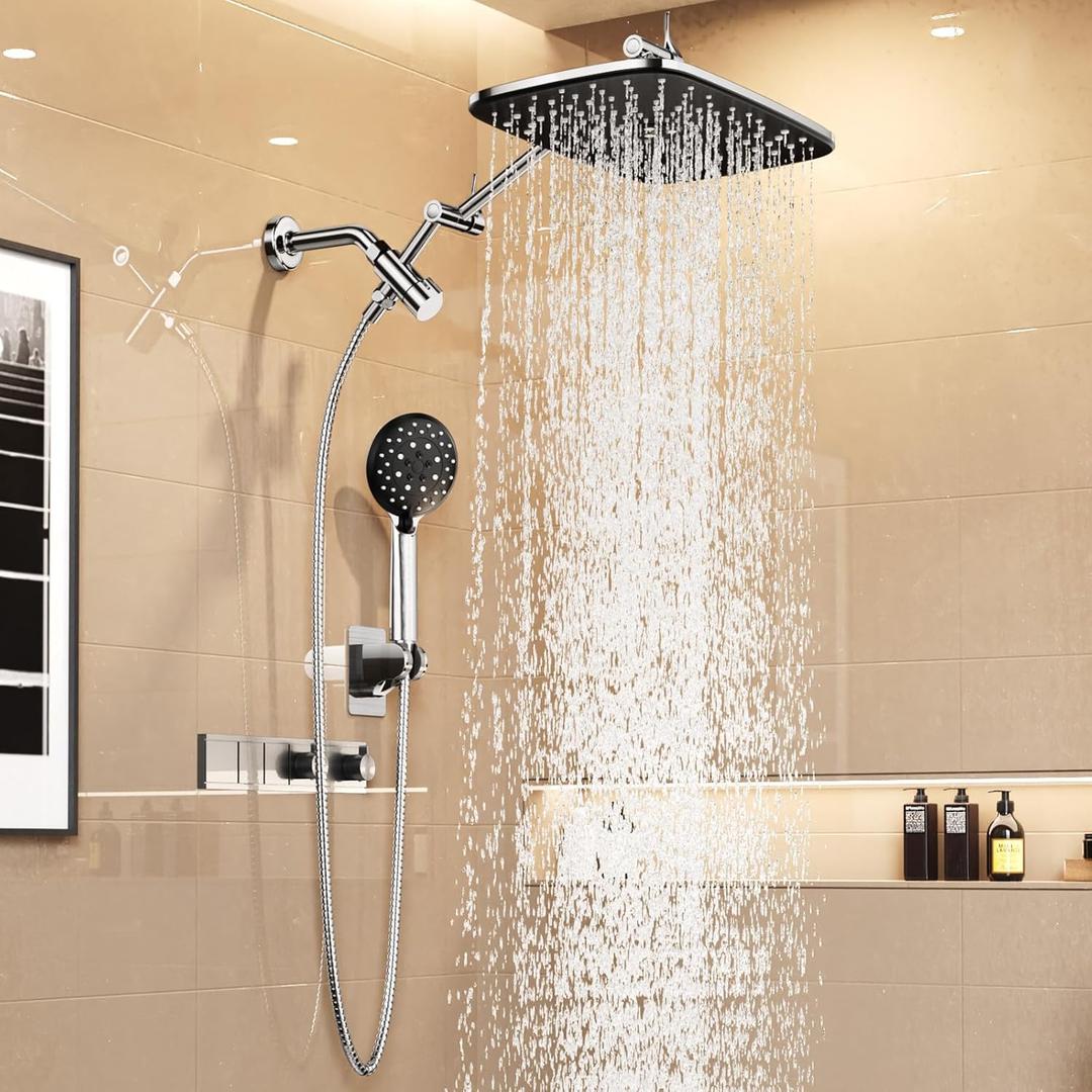 Veken 11.8" Rain Shower Head with Handheld, High Pressure Handheld Shower with Multi Spray Modes, Rainfall Combo with Metal Extension Arm, Detachable Dual Showerhead, Bathroom Decor, Chrome Silver (11.8 Inch(Upgraded) +22% Mixed Mode Flow)