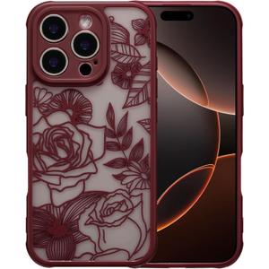 XIZYO for iPhone 16 Pro Max Case, Floral Rose Cute Phone Case for Women Girls Burgundy Aesthetic Pattern Print Slim TPU Bumper Shockproof Protective Cover for iPhone 16 Pro Max 6.9 Inch, Wine Red