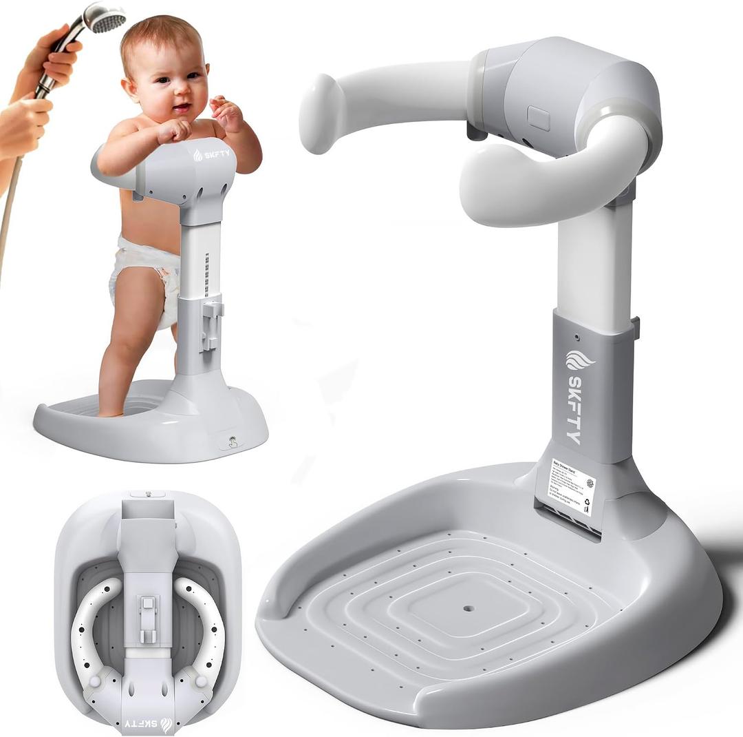 Baby Shower Stand with Anti-Slip Base & Anti-Pinch Silicone, Adjustable Foldable Baby Bath Support for Toddlers 6-36 Months, Portable Standing Helper with Shower Holder 