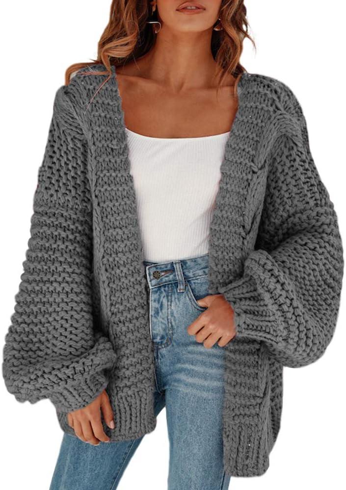 Cicy Bell Women's Open Front Chunky Knit Cardigan Loose Lantern Sleeve Oversized Sweater Coats (Medium, Grey)