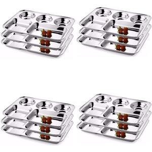 Stainless Steel Five Compartment Round Plate, Thali, Mess Tray, Dinner Plate Set of 12 pcs- 33 cm each