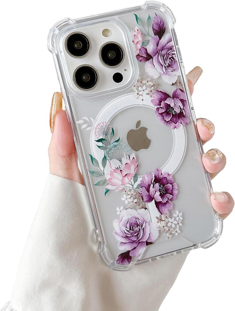 DEFBSC Magnetic Case for iPhone 16 Pro Work with Magsafe, Clear Floral Flower Pattern Print Design Flexible Acrylic Shockproof Cover for Women Girls, Flower Protective Phone Case, Purple Peony