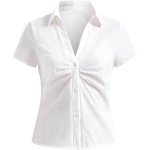 Women's Ruched Button Down Shirt Collar V Neck Short Sleeve Slim Fit Blouse (L)