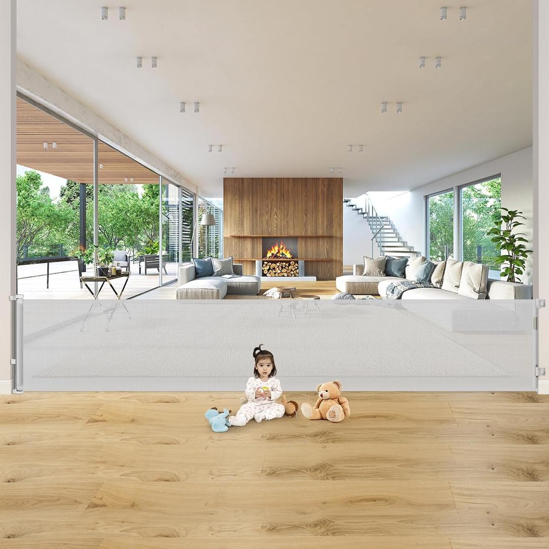 140 Inch Extra Long Baby Gate Retractable Dog Gate Outdoor Retractable Gate Indoor Retractable Baby Gate for Extra Wide Openings Retractable Pet Gate Retractable Fence for Doorways, Decks, Light Gray