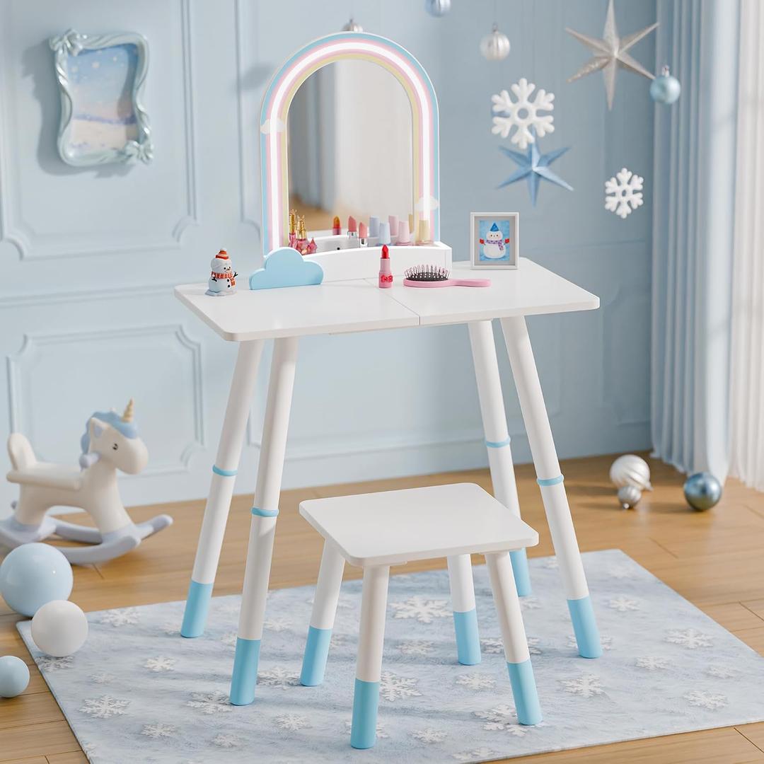 TOLEAD Kids Vanity Table and Chair Set, Kids Vanity with Lights, Princess Makeup Vanity Desk, Girls Vanity Set with Stool, Toddler Make Up Vanity Desk with Storage Space for Little Girls