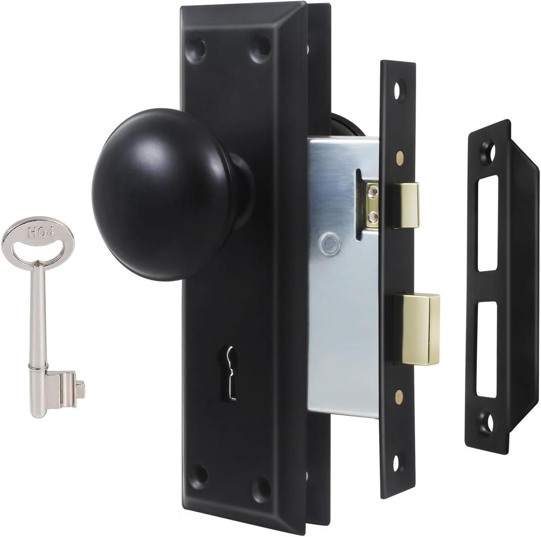 2 Pack Mortise Lock Set for Interior Door, Antique Door Knobs with Lock and Skeleton Key, Old Door Knob Replacement Fits 1-3/8 in 1-3/4 in, Matte Black Finish