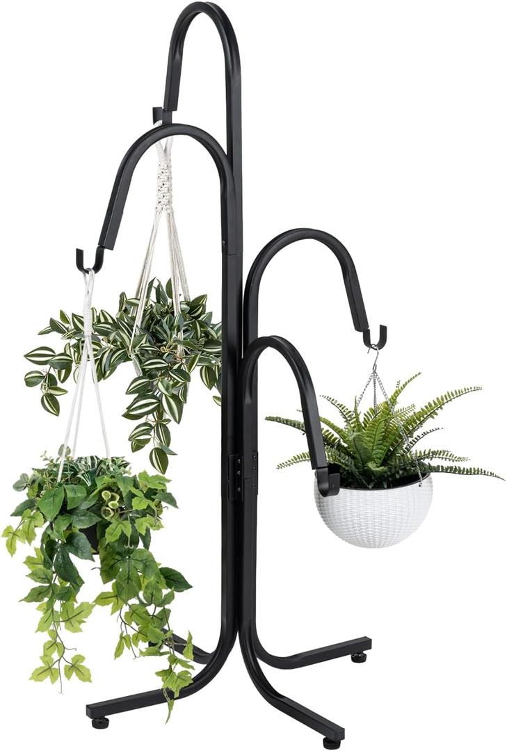 MyGift Floor Standing Planter Pot Stand, Industrial Matte Black Metal Heavy Duty Freestanding Plant Basket Hanger Rack with 4 Way Hanging Hooks
