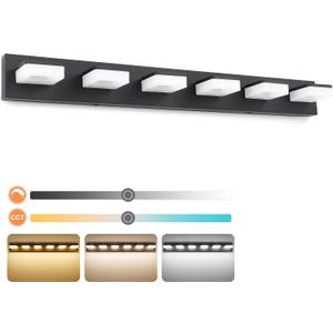 GOODATE 3 Colors Dimmable Bathroom Light Fixtures Over Mirror, LED Black Vanity Lights, Acrylic Stainless Steel 6 Light Bathroom Vanity Light Fixtures, Adjustable 3000K/4000K/6000K, 360 Rotate