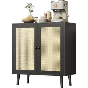 Huuger Buffet Cabinet with Storage, Storage Cabinet with Synthetic Rattan Decor Doors, Solid Wood Feet, for Hallway, Entry, Living Room, Black
