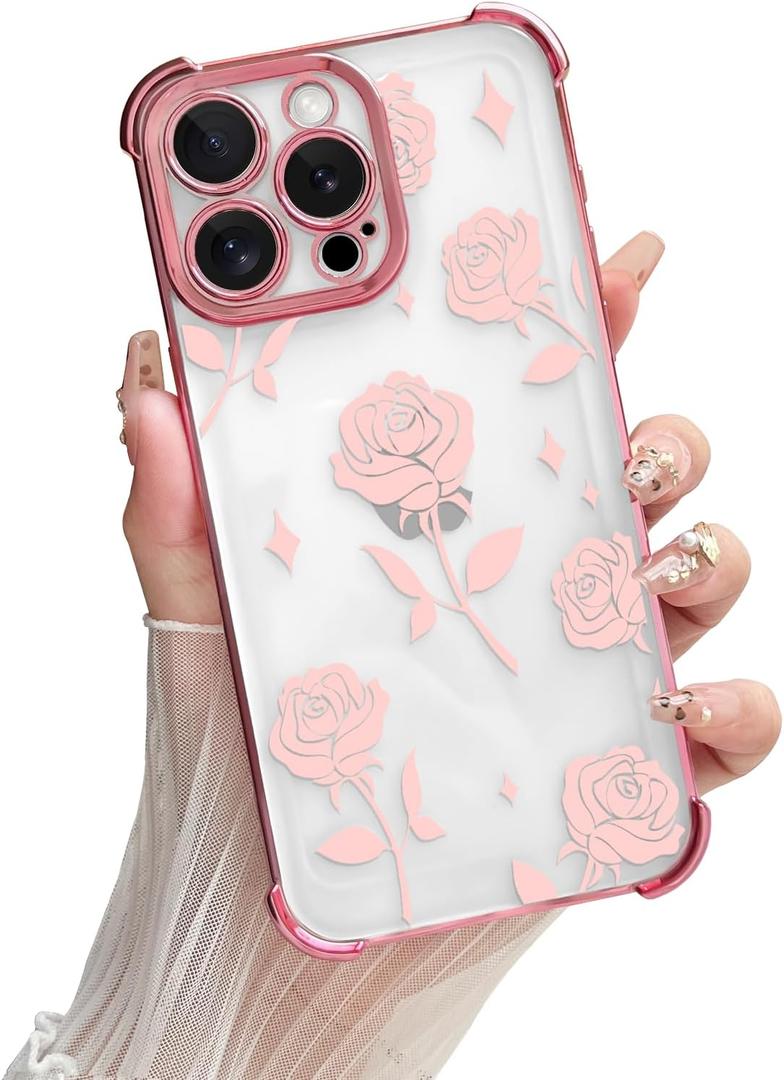 Yeddabox for iPhone 15 Pro Case Flower, Luxury Electroplated Floral Cover Shockproof Protection Slim Soft TPU Case for iPhone 15 Pro for Women Girls, Pink