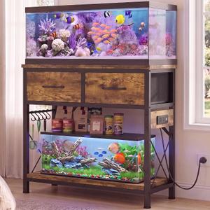 Heybly 20-29-37 Gallon Fish Tank Stand with Power Outlets & StorageHAS011SR Aquarium Stand with Drawers & Hooks, Metal Frame, 31.5" x 15.7" Top, 400 lbs for Turtle Tank & Reptile Terrarium, Rustic Brown