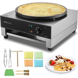 VEVOR Electric Crepe Maker, 16-Inch Commercial Crepe Machine, 1700W Flat Plate Crepe Griddle, Nonstick Stainless Steel Pancake Making Machine, Desktop Circular Cereals Pancake Stove with Temp Control