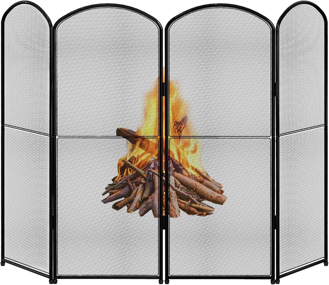 HEOMU Fireplace Screen Stand Black 4 Panel Foldable Decorative Fireplace Screen Fireplace Cover,Metal Fire Spark Guard Cover for Home Indoor Fireplace,47.8" W x 31" H