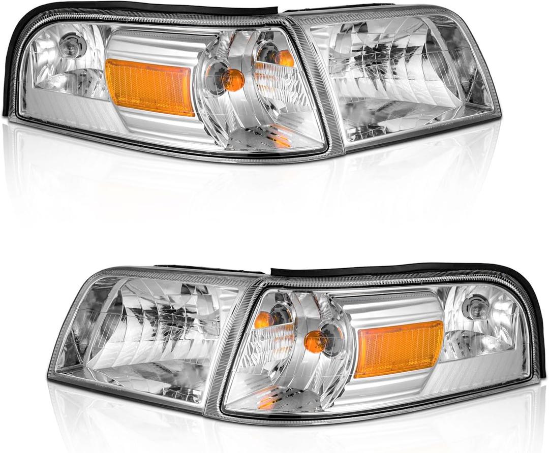 WEELMOTO for 2006-2011 Mercury Grand Marquis Headlights Assembly Replacement for 06-10 Grand Marquis Headlights Assembly Pair Headlamp+ Corner lamp (Clear Lens I Chrome Housing I Amber Reflector)