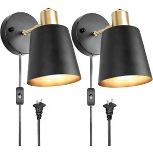 Plug in Wall Sconces, Wall Mounted Lamps with Plug in Cord Metal Vintage Industrial Wall Light Fixtures Lighting Reading Lights for Bedside Bedroom Living Room Indoor Doorway (Exclude Bulb) (2PC)