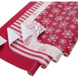 BIOBROWN Christmas Wrapping Paper with Tags and Trim Ribbon - 30" X 10' Per Roll (4 Rolls: 100 sq. ft. ttl.) - Toile Scene Design for Christmas, Party, Xmas, Holiday