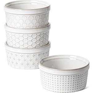 LE TAUCI Ramekins 8 oz, Ramiken for Creme Brulee, Lava Cake, Pudding, Souffle, Pot Pie, Ceramic Baking Dishes, Oven Safe - 4.3 inch, Set of 4, Arctic White