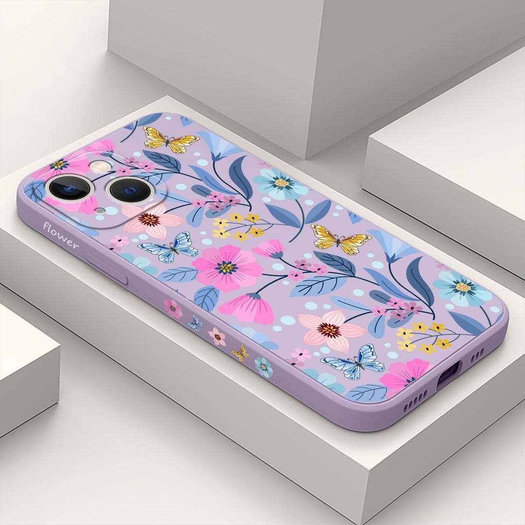 for iPhone 13 Mini Case Fashion Flower Pattern Slim Liquid Silicone Dropproof for iPhone 13 Mini Phone Cover 5.4 inch-Flower Purple