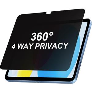 360 4 Way Privacy Screen Protector for iPad A16 11th/ 10th Generation (11/10.9 Inch 2025/2022), 360 Degree Anti-Spy Tempered Glass Film, Case Friendly, Apple Pencil Support, 1 Pack (Black)