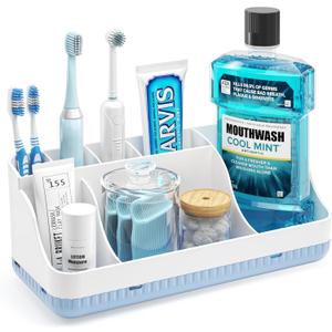 Bathroom Counter Organizer and Storage, 7 Slots Detachable Toothbrush Holders for Bathrooms, Anti-Slip Electric Toothbrush and Toothpaste Holder Countertop Vanity Organizer Accessories for Adults Kids