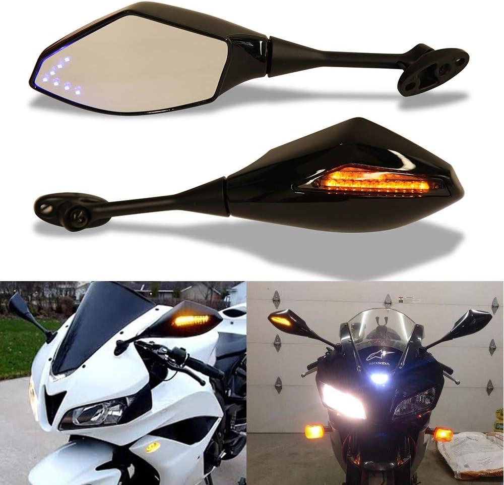 Motorcycle LED Turn Signal Rearview Mirrors Compatible with 2011 2013 Honda CBR250R CBR 600 RR Suzuki GSXR 600 GSXR 750 Yamaha FZ1 FZ6 YZF R1 (Gloss Black+Smoke Len#1)