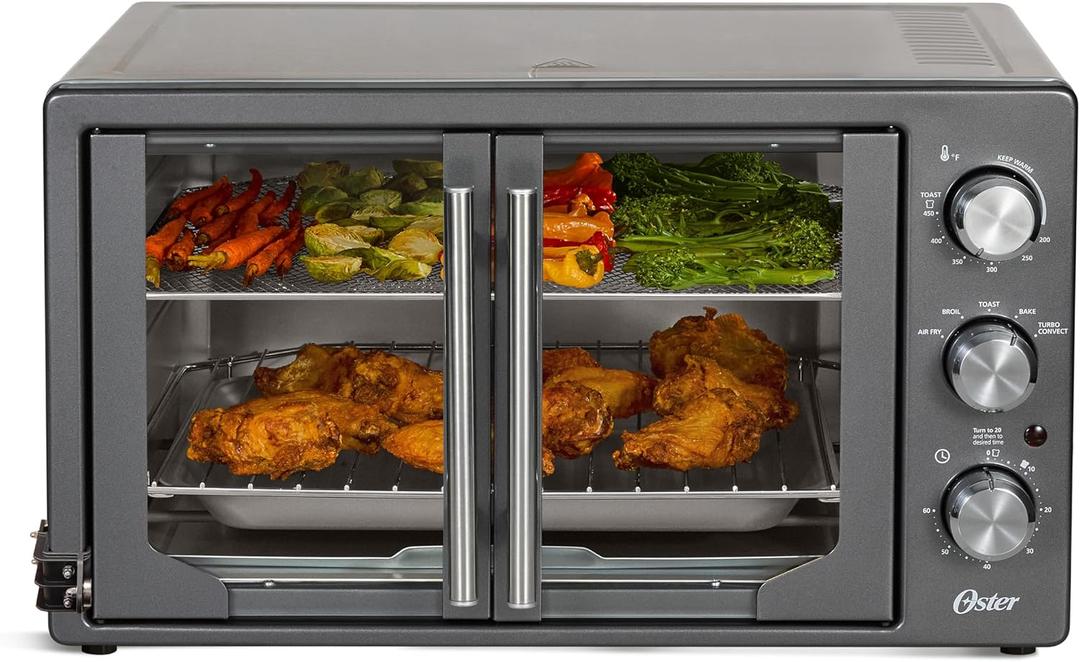 Oster Extra-Large 42L French Door Countertop Toaster Oven, 6-in-1 Air Fryer Oven with Air Fry Rack, Wire Rack, Baking Pan and Crumb Tray, Stainless Steel, 42 Liter