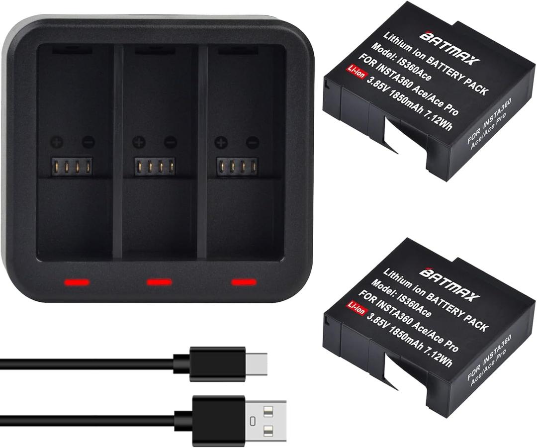 Batmax 2X Battery + Quick 3-Slots Charge Hub Charger with Type C Port for Insta360 Ace and Ace Pro Cameras
