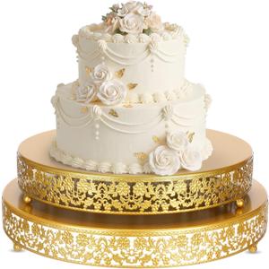 Wenqik 2 Pack Cake Stand Set, 14/16 Inch Metal Round Cupcake Dessert Stand Decorative Elegant Cake Display for Weddings Party Birthday Baby Showers Anniversary(Classic Floral,Gold)