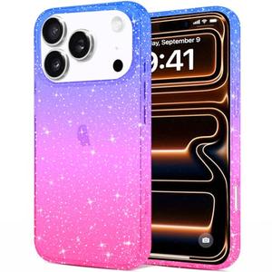 JJGoo Compatible with iPhone 17 Pro Max Case Clear Glitter, Sparkle Soft TPU Transparent Shockproof Women Girls Slim Bling Sparkly Bumper Cover Phone Cases, Gradient Blue Pink