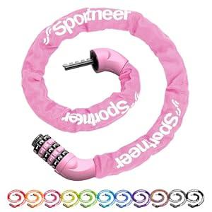 Sportneer Bike Lock: 5 Digit Combination High Security Anti Theft Bike Chain Lock - 3.2/ 3.6/ 4ft Heavy Duty Resettable Keyless Bicycle Lock for Bike, Motorcycle, Scooter, Door & Gate - 6mm Thick Pink