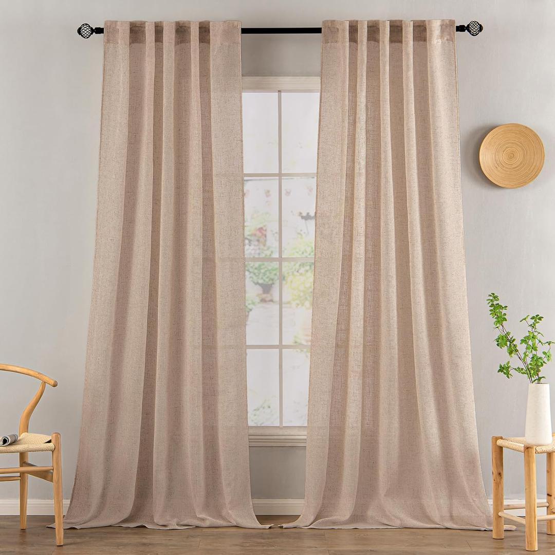 MIULEE Natural Beige Linen Curtains 108 Inches Long 2 Panels for Bedroom Living Room, Soft Linen Textured Window Drapes Semi Sheer Light Filtering Back Tab Rod Pocket Farmhouse Burlap Look Decor