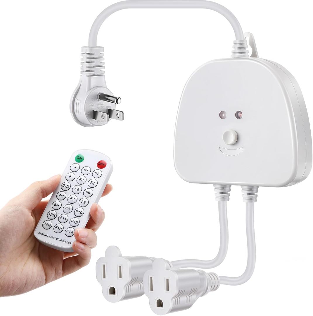 Christmas Light Controller with Remote, Multiple Lighting Effects, Timer, Dusk to Dawn Sensor Control, for Indoor Outdoor Holiday Xmas Lights, Waterproof(2 Channel/14 Functions,White)