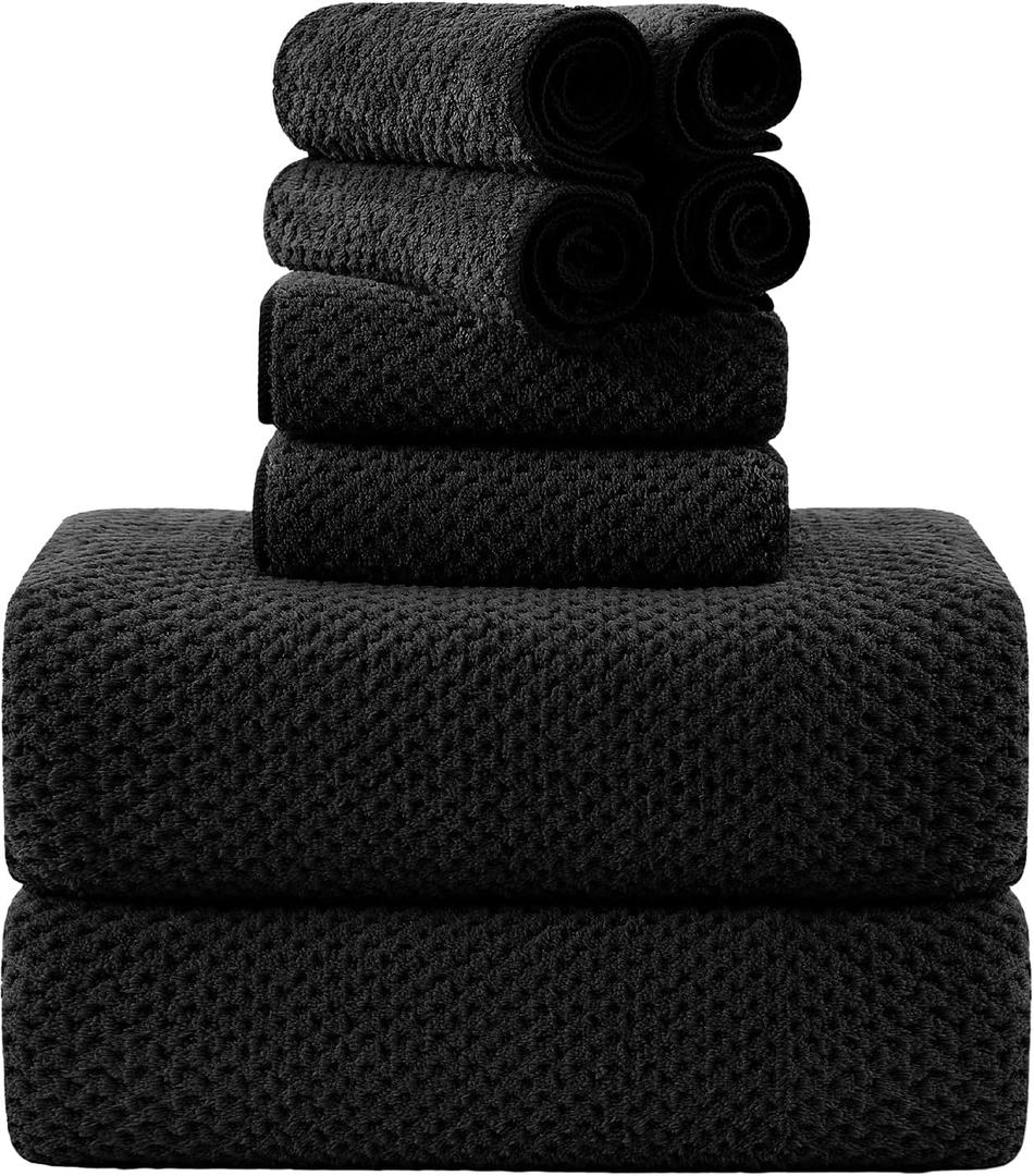 8-Piece Bath Towel Set, 2 Extra Large Bath Towel Sheets, 2 Hand Towels and 4 Washcloths - Highly Absorbent Quick Dry Microfiber,Ultra Soft Towel Set for Bathroom,Waffle Weave Design, Pack of 8 (Black)