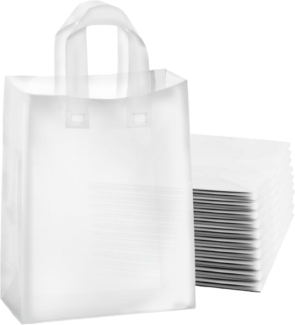 Frosted Shopping Bags with Handles and Cardboard Insert - 10" W x 13 H " x 5" Side Gusset, 50 Pack - Durable & Reusable