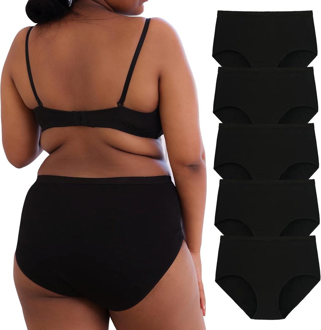 INNERSY Big Curvy Woman Cotton Underwear High Waist Briefs 5-Pack (Black), XL