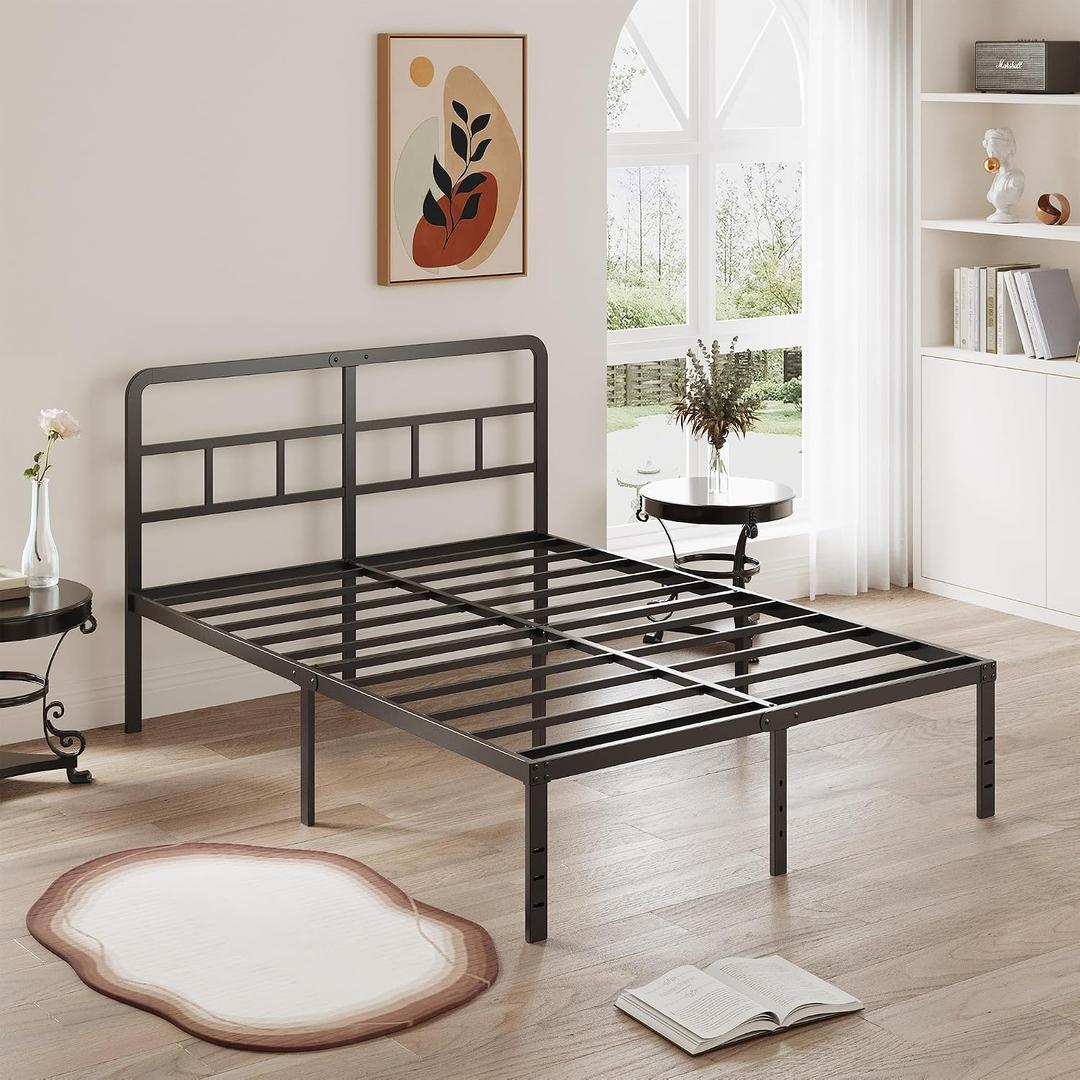 DiaOutro 16 Inch Full Size Bed Frame with Headboard No Box Spring Needed, Heavy Duty Metal Platform with Steel Slat, Mattress Foundation, Easy Assembly, No Noise, Black