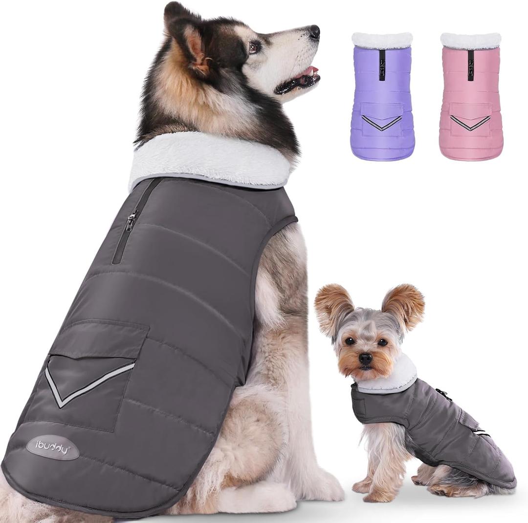 iBuddy Dog Winter Jacket for Extra Large Dogs, Easy on 3XL Dog Snow Coat Velcro Waterproof Pet Puffer Clothes with Harness Hole Adjustable Reflective Quilted Pet Cold Weather Vest for Boy Male (Gray)