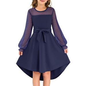 grewley Girls Dresses Puff Long Sleeve Mesh A Line Casual Formal Party Dresses Belted Dress with Pockets (11-12 Years)