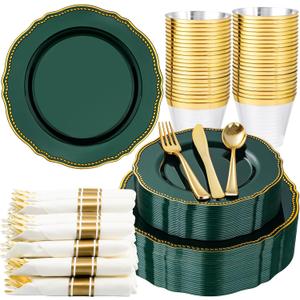 Hioasis 175pcs Green Gold Plastic Plates - Gold Plastic Dinnerware Set Includes 25 Dinner Plates, 25 Dessert Plates, 25 Gold Utensils, 25 Napkins Perfect for Wedding